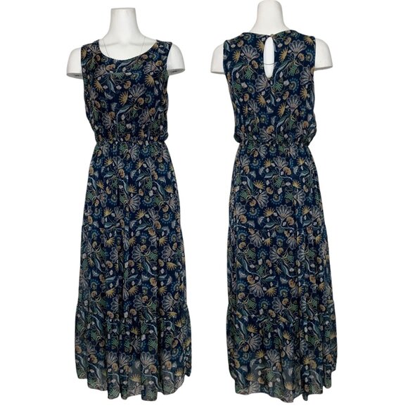 Lara Guidotti Dress L Navy Blue Floral Sleeveless Ruffle Midi Silk Blend Italy - Picture 1 of 12